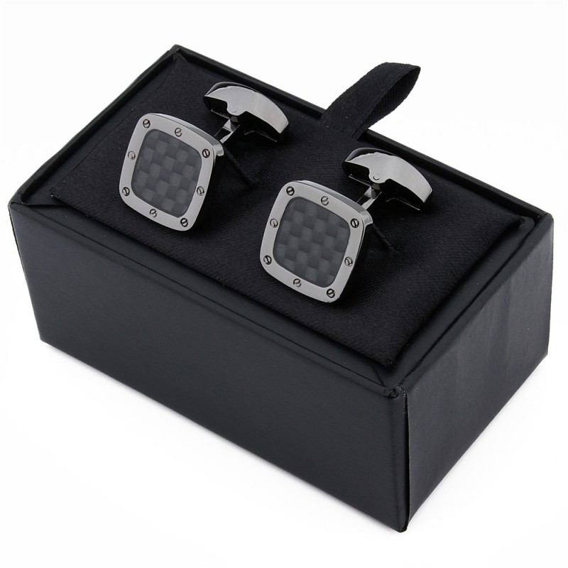 Boutons De Manchette Fibre De Carbone Noir Pour Homme – Laiton Plaqué, Boîte Cadeau – Accessoire Chemise Costume